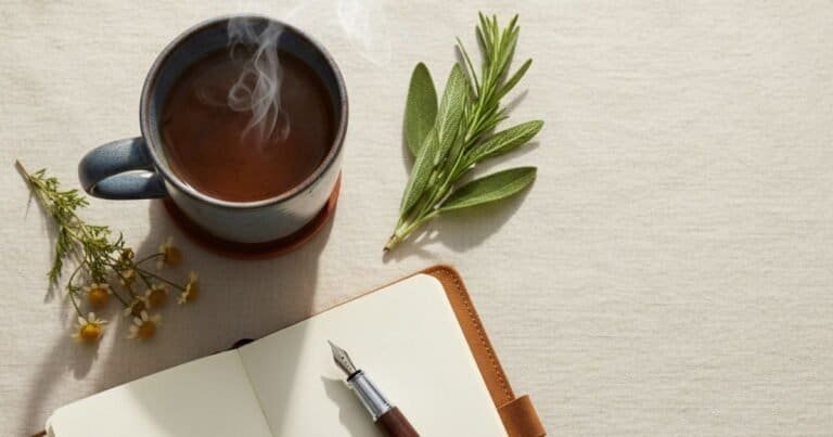 Insulin resistance symptoms in women — herbal tea, notebook and fresh herbs evoking calm metabolic health awareness