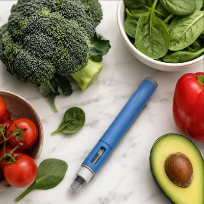 GLP-1 injection pen with fresh vegetables — SugarWiseLife