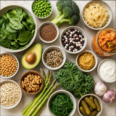 Gut health foods flat lay — SugarWiseLife