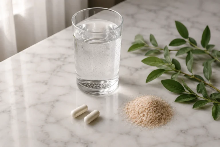 glass of water and magnesium capsules for managing GLP-1 constipation