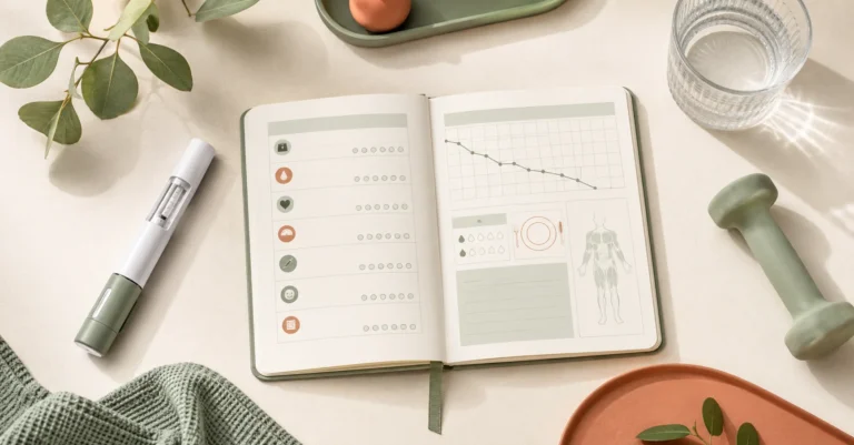 GLP-1 long-term side effects — injection pen, medical journal and dumbbell on linen background