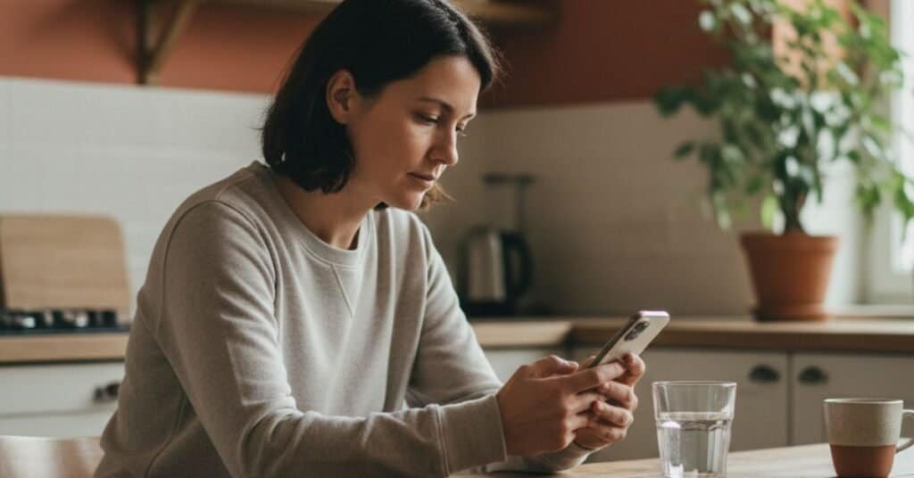Woman reviewing health results on her phone at home