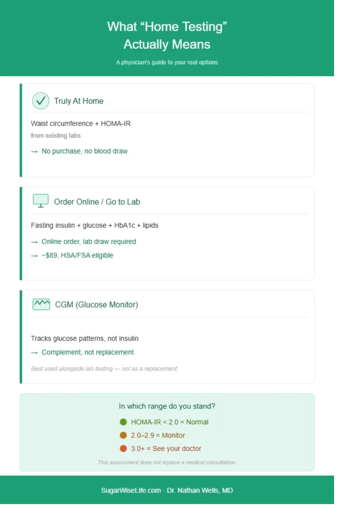 Three types of insulin resistance home testing: at-home methods, online lab orders, and CGM