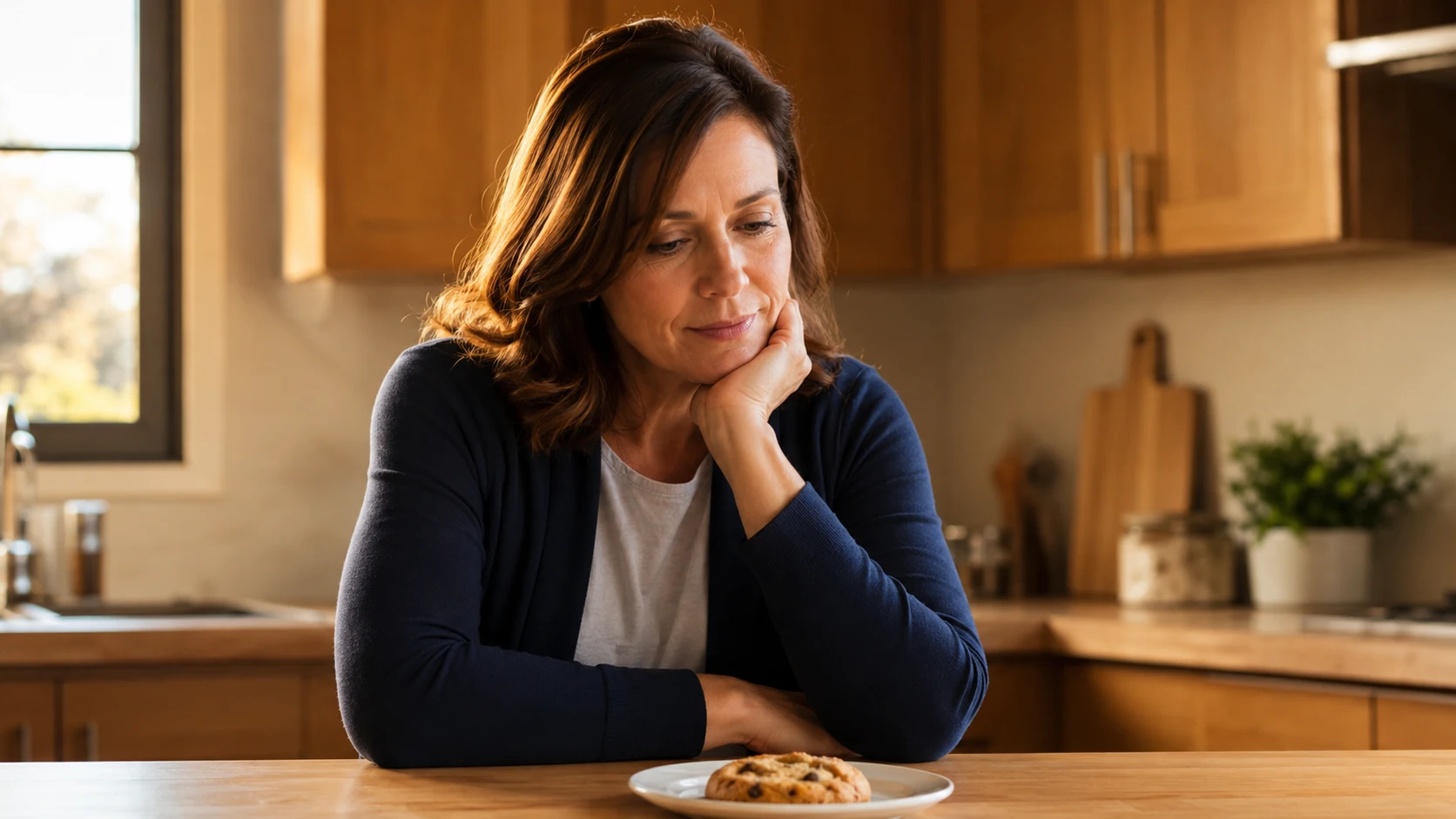 Woman hesitating over sugary snack — insulin resistance hunger and sugar cravings symptoms