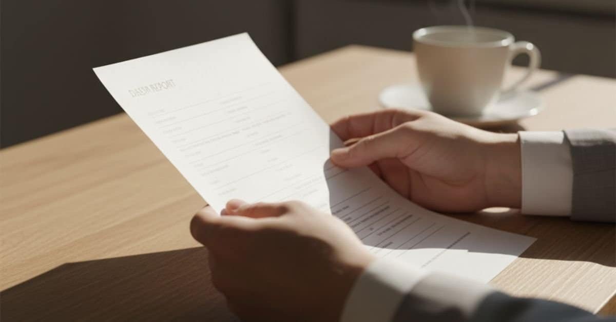 Person reviewing lab results : insulin resistance test at home on a wooden desk